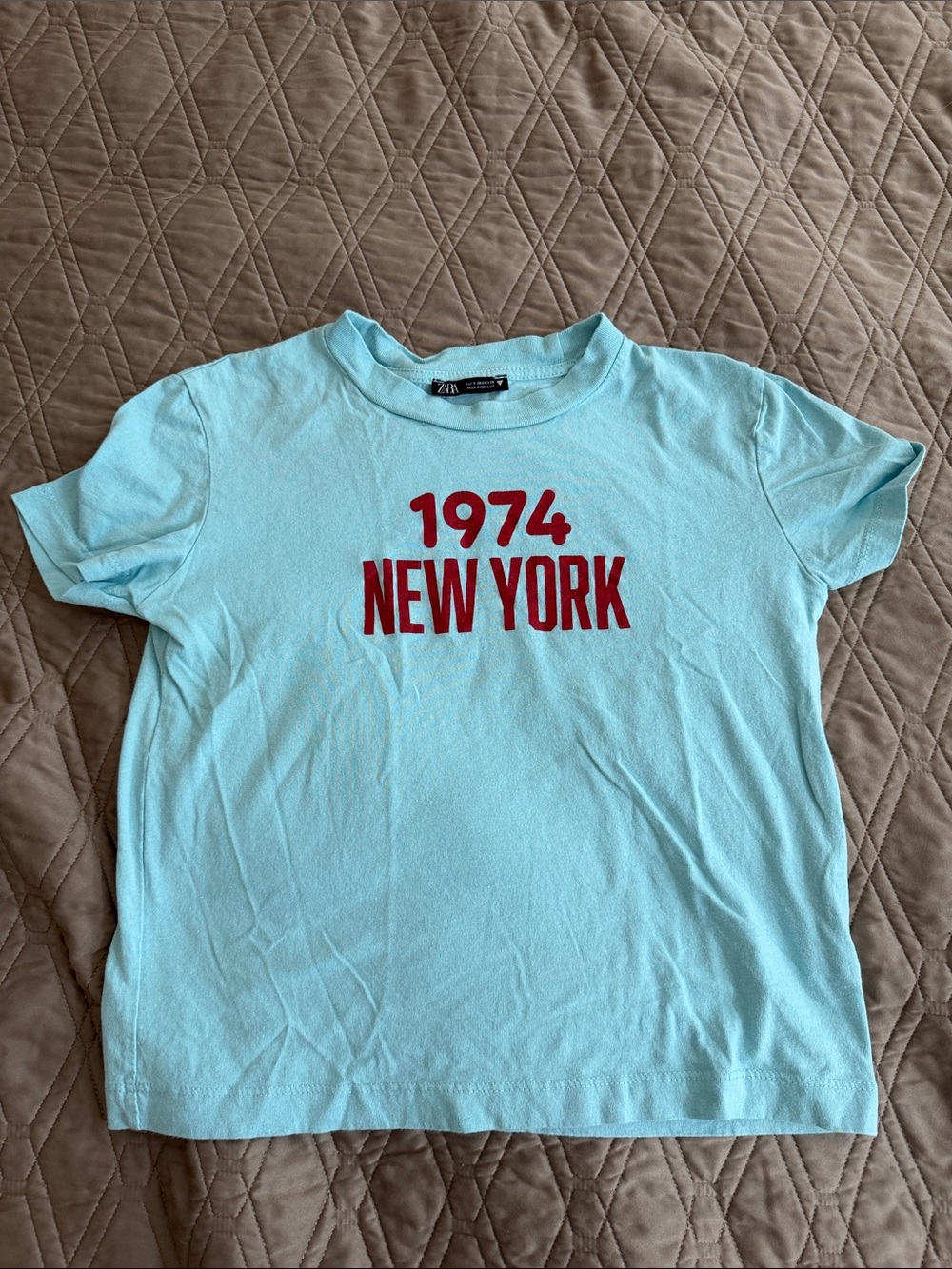 Zara Light Blue Tee with Red '1974 New York' Graphic ,crop top